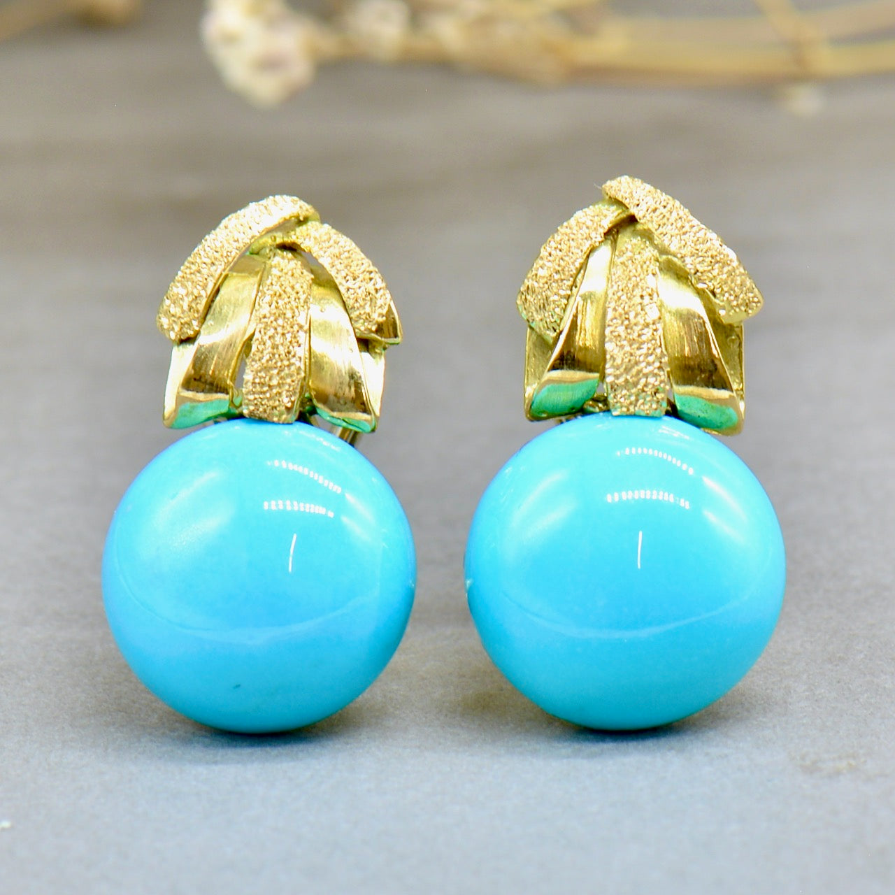 Large Blue Turquoise 18ct Yellow Gold Omega Backs Earrings 19.72cts