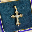 Vintage 9ct Yellow Gold Diamond Set Gothic Style Cross Pendant