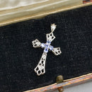 Vintage Tanzanite and Diamond Set Cross Pendant in 9ct White Gold
