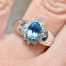 Swiss Blue Topaz & Diamond 9ct White Gold Halo Ring