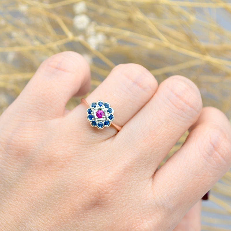 Edwardian 9ct Rose Gold & Silver Ruby and Sapphire Daisy Ring