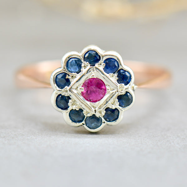 Edwardian 9ct Rose Gold & Silver Ruby and Sapphire Daisy Ring