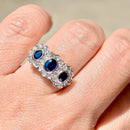 Vintage Sapphire & Diamond Triple Cluster 18ct Yellow Gold Ring (1.60cts)