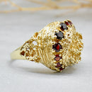 Vintage 1970s Garnet 9ct Yellow Gold Brutalist Abstract Ring