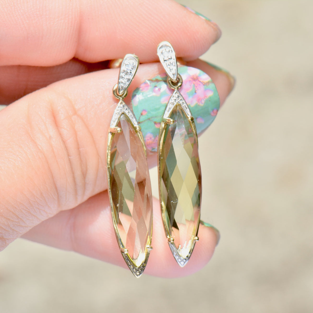 Lemon Quartz & Diamond 9ct Yellow Gold Drop Earrings (6.35cts)