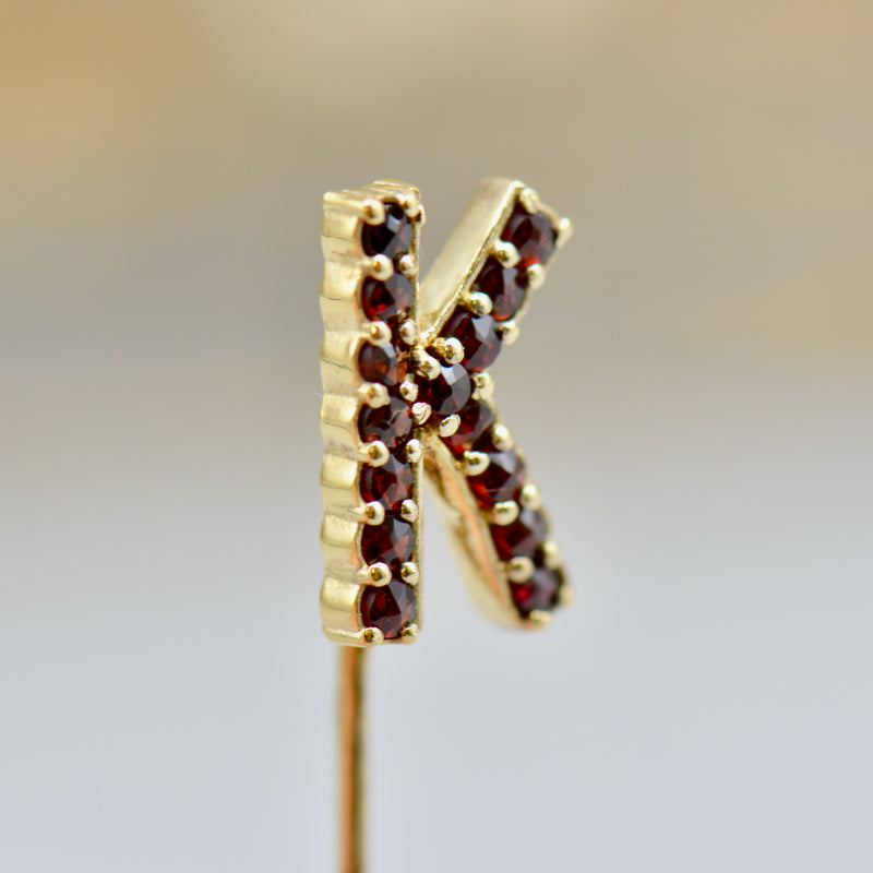 Reserved for D - Bohemian Pyrope Garnet Alphabet/Letter K Gold Vermeil/Silver Gilt Stick Pin/Tie Pin/Brooch