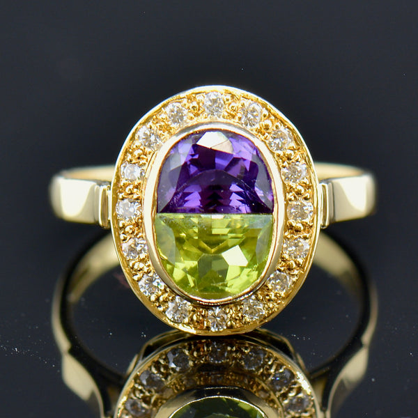Vintage 1993 Suffragette Style Diamond Amethyst Peridot 18CT Gold Ring