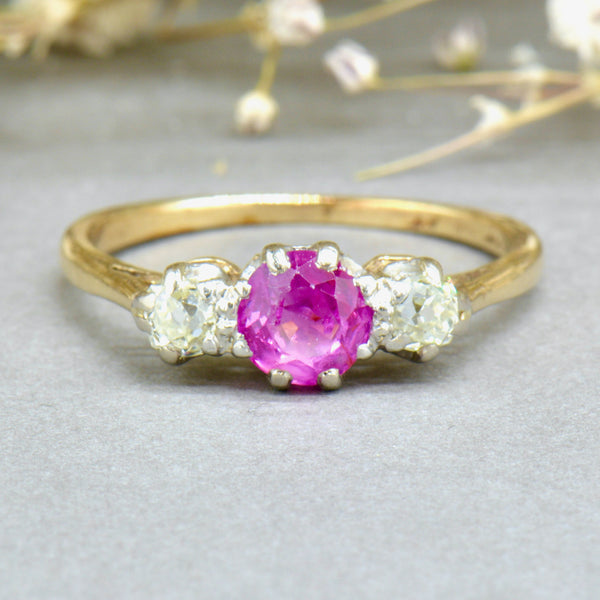 Art Deco Old-Cut No Heat Pink Sapphire/Ruby & Diamond Platinum & 18CT Gold Trilogy Ring (1.06cts)