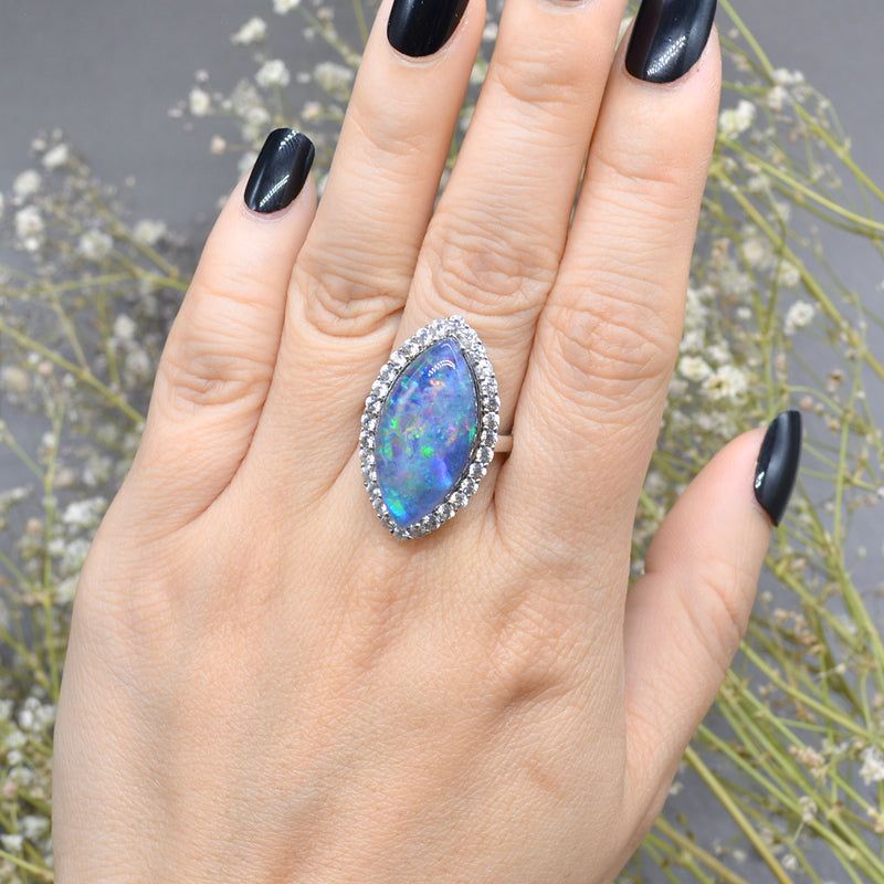 Large Boulder Opal Triplet & White Topaz Silver Marquise Halo Ring