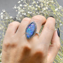 Large Boulder Opal Triplet & White Topaz Silver Marquise Halo Ring