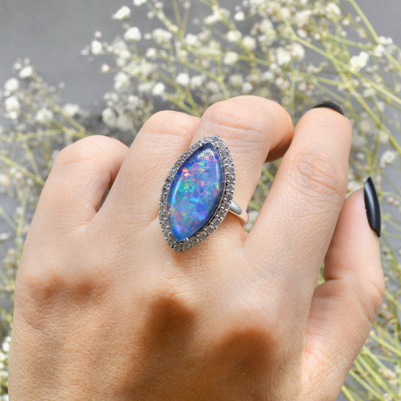 Large Boulder Opal Triplet & White Topaz Silver Marquise Halo Ring