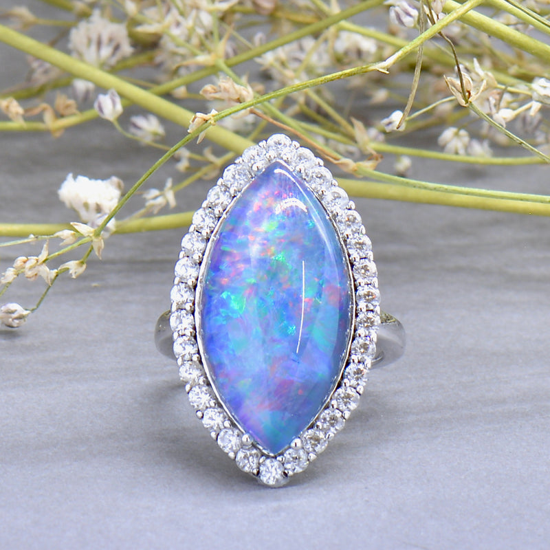 Large Boulder Opal Triplet & White Topaz Silver Marquise Halo Ring