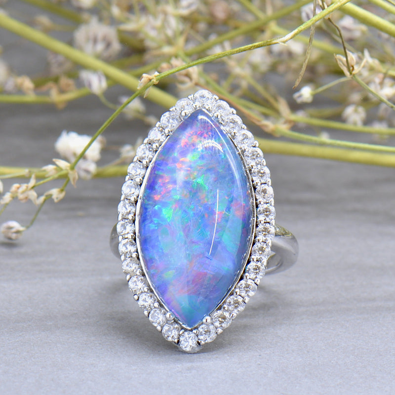 Large Boulder Opal Triplet & White Topaz Silver Marquise Halo Ring