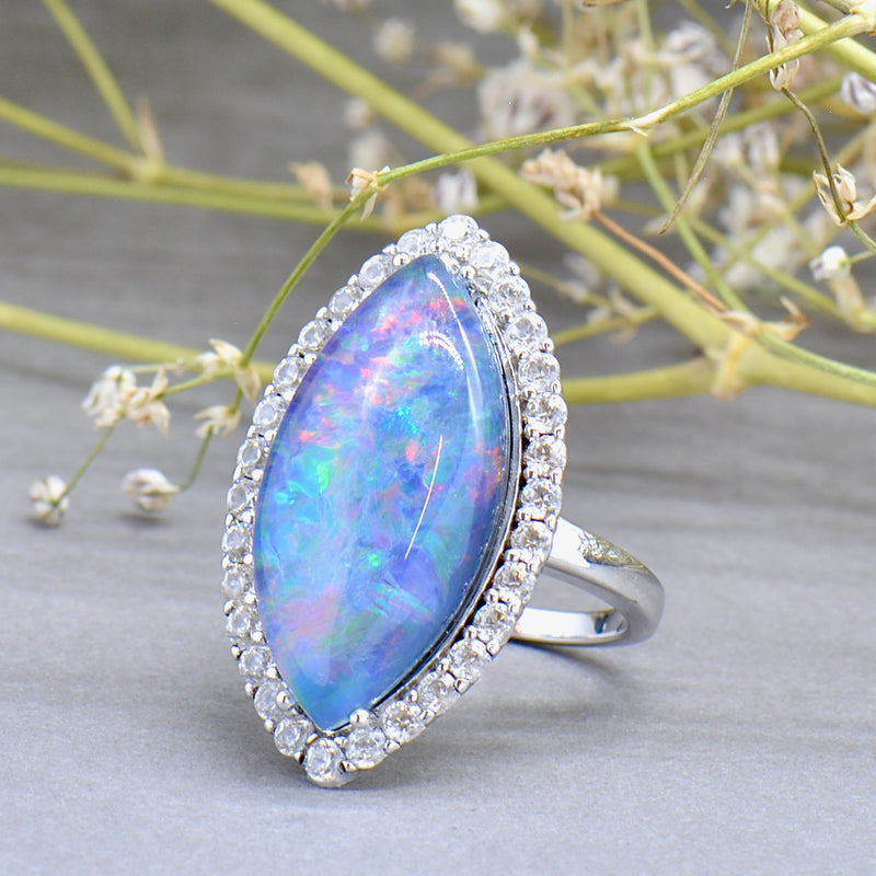 Large Boulder Opal Triplet & White Topaz Silver Marquise Halo Ring