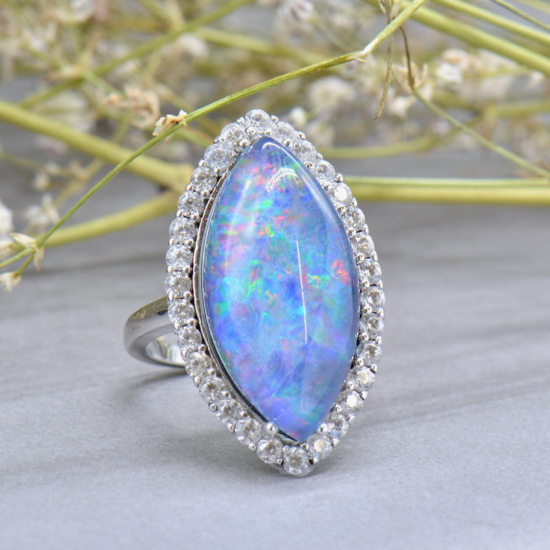 Large Boulder Opal Triplet & White Topaz Silver Marquise Halo Ring