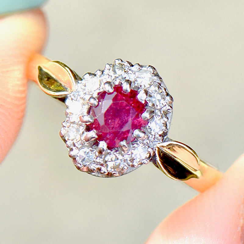 Ruby & Diamond 18ct Yellow Gold Halo Engagement Ring (0.87ct)