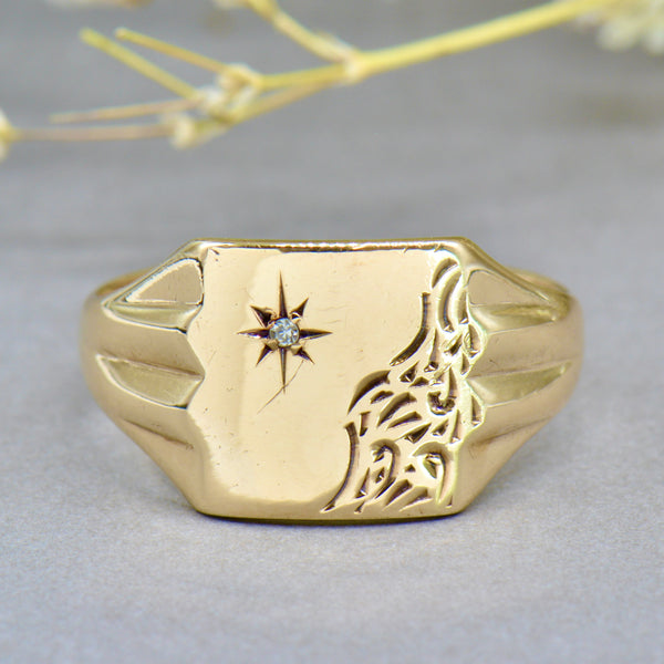 9CT Yellow Gold Diamond Set Engraved Signet Ring
