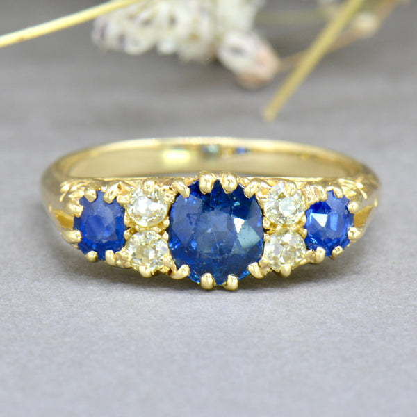 Antique Sapphire and Diamond 18ct Yellow Gold Old-Cut Seven-Stone Ring