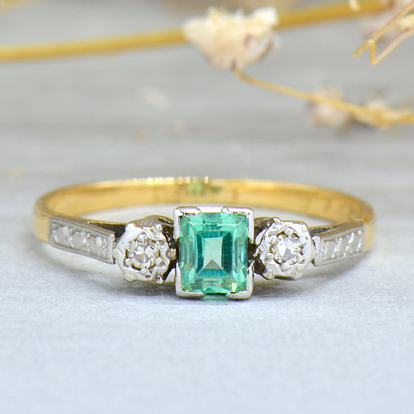 Art Deco 18CT Yellow Gold & Platinum Trilogy Aquamarine & Diamond Engagement Ring