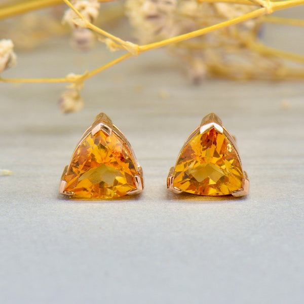 9CT Rose Gold Trillion Cut Golden Citrine Stud Earrings (1.40cts)