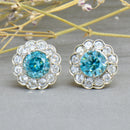Art Deco 9ct Gold Blue & White Zircon Halo Daisy Earrings (3.60cts)