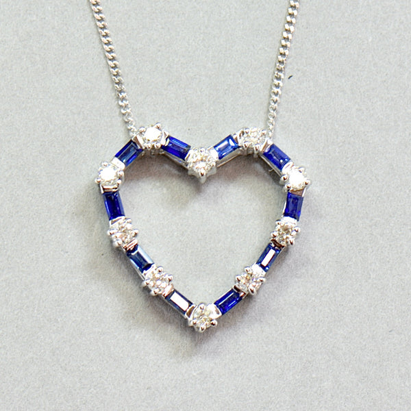 18ct White Gold Sapphire & Diamond Heart-Shaped Pendant & Chain (0.93ct)