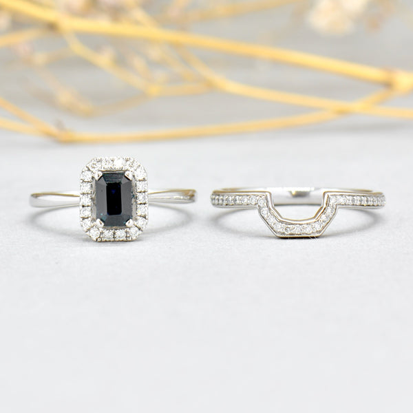 18CT White Gold Sapphire & Diamond Halo Engagement & Wedding Bridal Ring Set