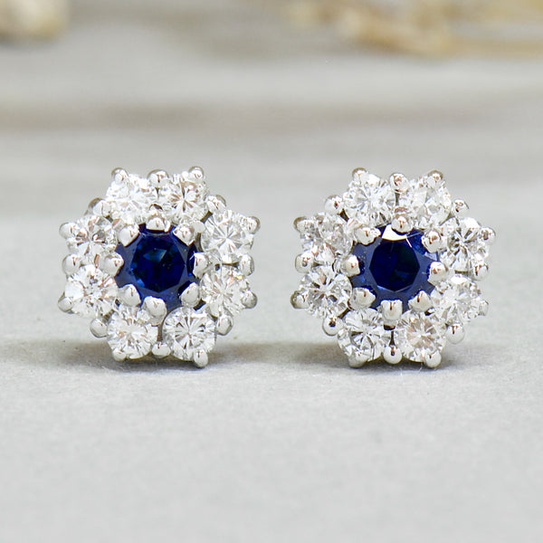 18ct White Gold Sapphire & Diamond Halo Daisy Stud Earrings by Cropp & Farr (1.27cts)