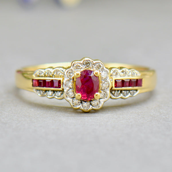 Ruby and Diamond 18ct Yellow Gold Halo Engagement Ring
