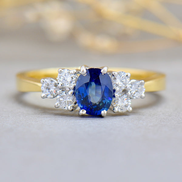 1990s Royal Blue Sapphire & Diamond 18ct Yellow Gold Engagement Ring (1.33cts)