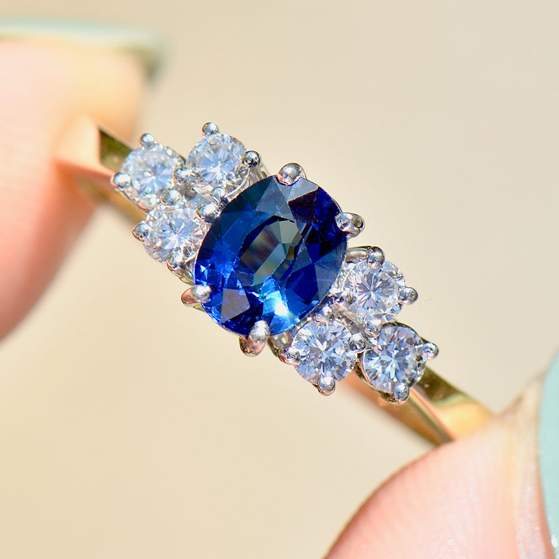 1990s Royal Blue Sapphire Diamond 18ct Yellow Gold Engagement Ring