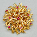 1970s Large Brutalist Ruby 9ct Yellow Gold Floral Brooch (1.35cts)