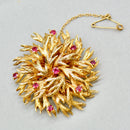 1970s Large Brutalist Ruby 9ct Yellow Gold Floral Brooch (1.35cts)