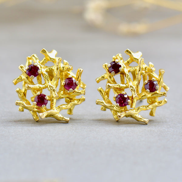 1970s Deakin & Francis Abstract/Brutalist Textured 9ct Yellow Gold Ruby Earrings