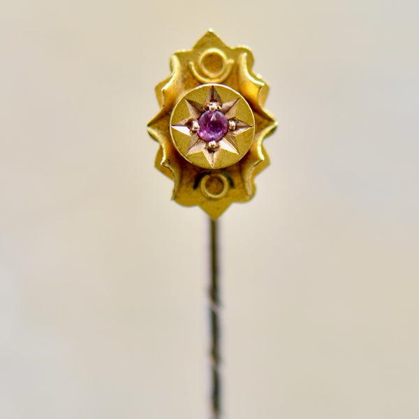 Victorian 15CT Yellow Gold Ruby Stick Pin / Hat Pin / Lapel Pin / Brooch With Box