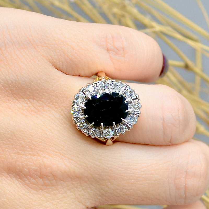 1980s Sapphire & Diamond 18ct Yellow Gold Halo Engagement Ring (5.17cts)