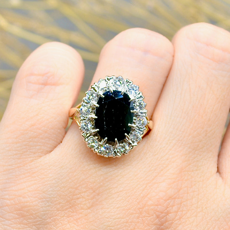 1980s Sapphire & Diamond 18ct Yellow Gold Halo Engagement Ring (5.17cts)