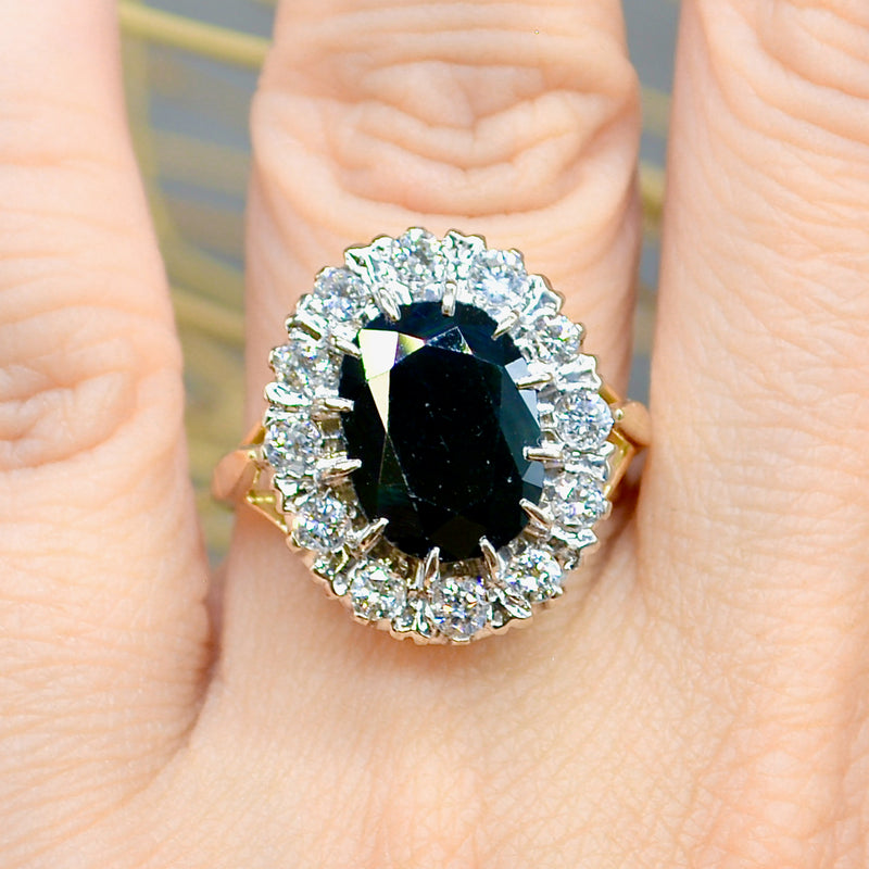 1980s Sapphire & Diamond 18ct Yellow Gold Halo Engagement Ring (5.17cts)