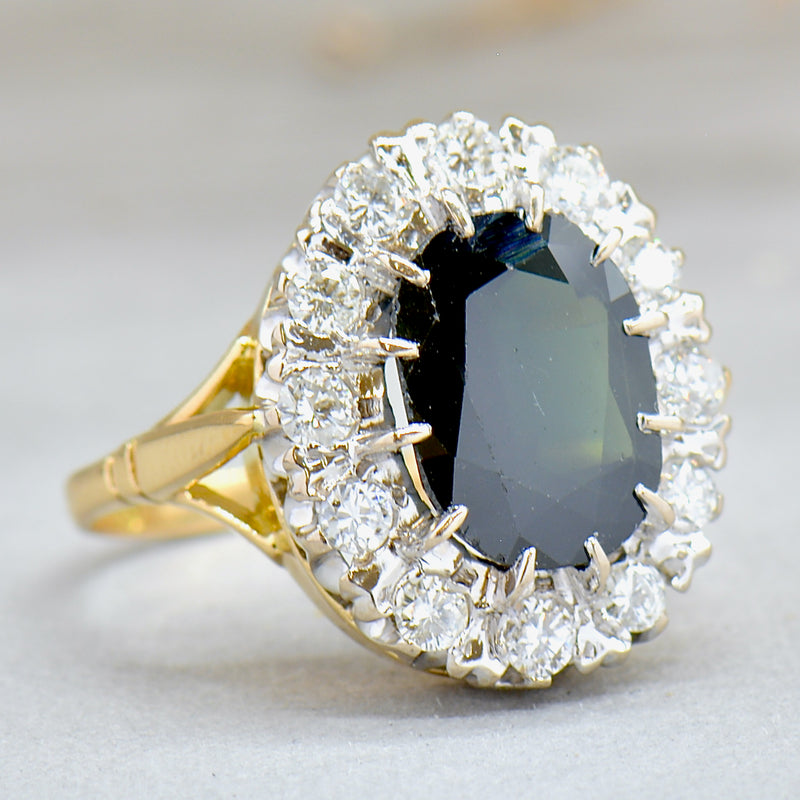 1980s Sapphire & Diamond 18ct Yellow Gold Halo Engagement Ring (5.17cts)