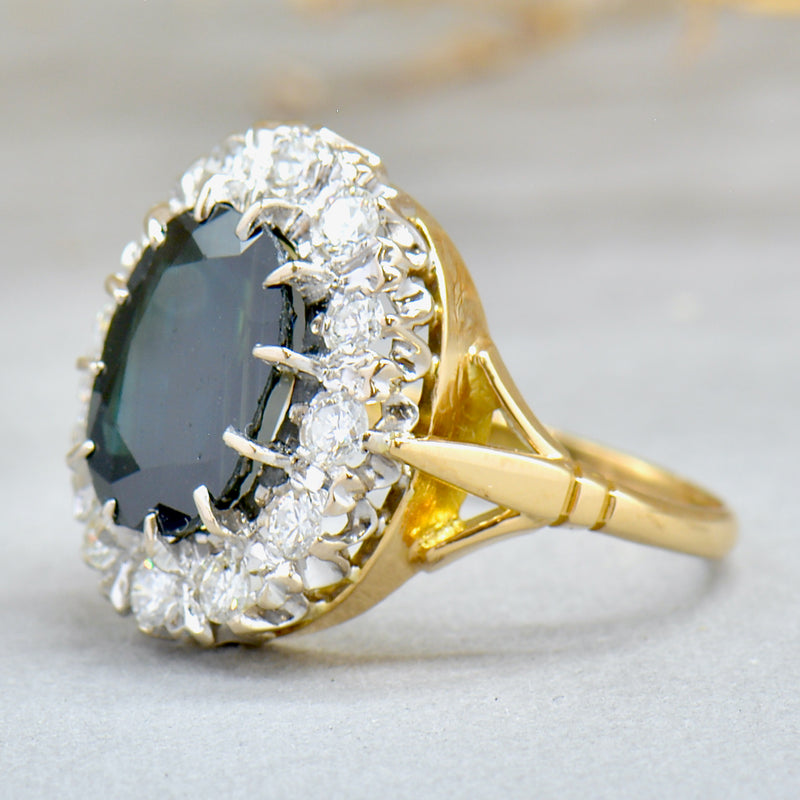1980s Sapphire & Diamond 18ct Yellow Gold Halo Engagement Ring (5.17cts)