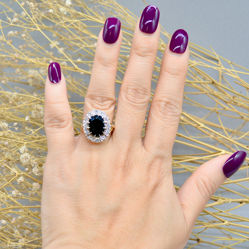 1980s Sapphire & Diamond 18ct Yellow Gold Halo Engagement Ring (5.17cts)