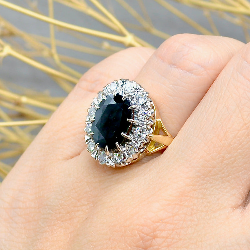 1980s Sapphire & Diamond 18ct Yellow Gold Halo Engagement Ring (5.17cts)