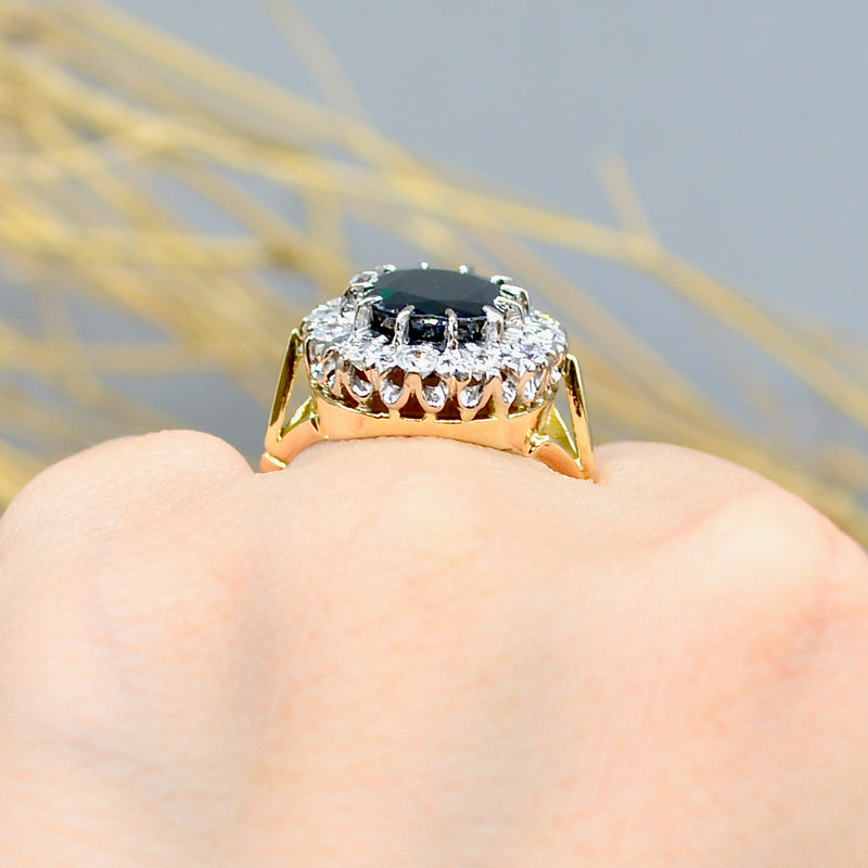 1980s Sapphire & Diamond 18ct Yellow Gold Halo Engagement Ring (5.17cts)