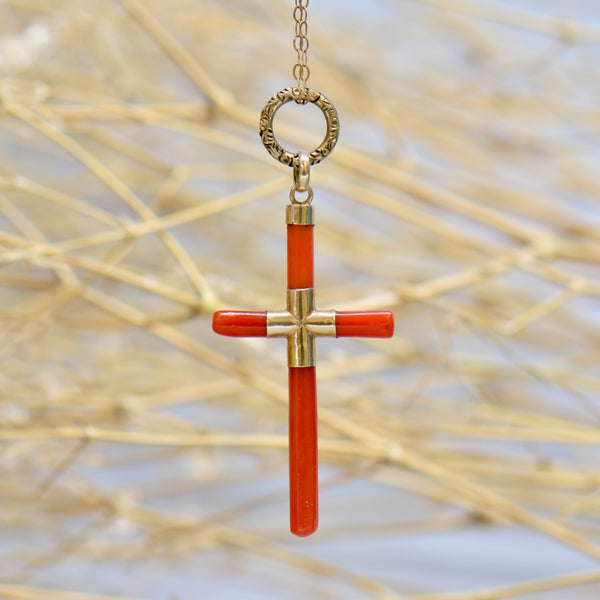Antique 14ct Yellow Gold Coral Cross Pendant with Engraved Split Ring