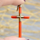 Antique 14ct Yellow Gold Coral Cross Pendant with Engraved Split Ring