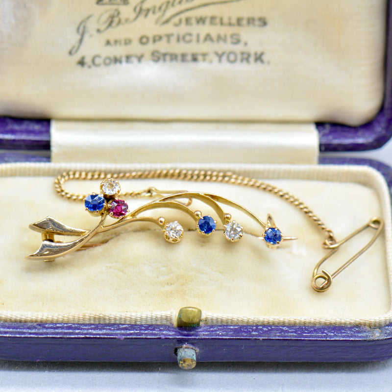 Edwardian Old Mine Cut Diamond Sapphire & Ruby 15ct Yellow Gold Clover Leaf Brooch With Safety Chain