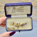Edwardian Old Mine Cut Diamond Sapphire & Ruby 15ct Yellow Gold Clover Leaf Brooch With Safety Chain