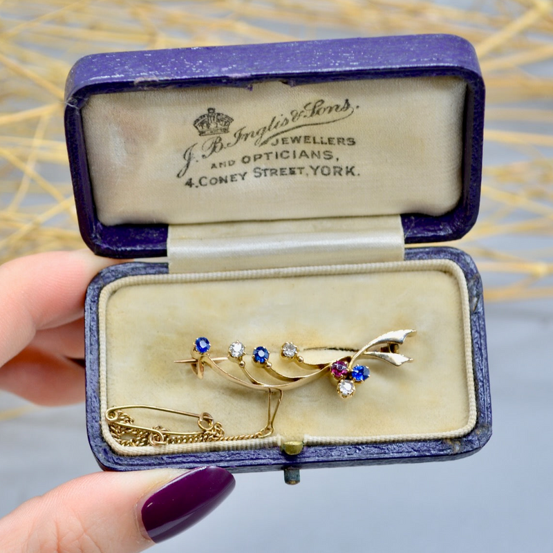 Edwardian Old Mine Cut Diamond Sapphire & Ruby 15ct Yellow Gold Clover Leaf Brooch With Safety Chain