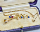 Edwardian Old Mine Cut Diamond Sapphire & Ruby 15ct Yellow Gold Clover Leaf Brooch With Safety Chain