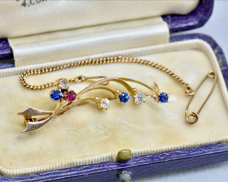 Edwardian Old Mine Cut Diamond Sapphire & Ruby 15ct Yellow Gold Clover Leaf Brooch With Safety Chain